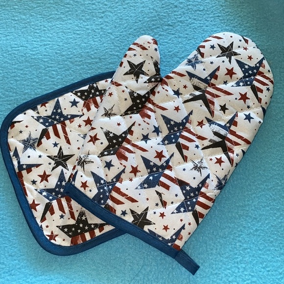 DELUXE KITCHEN SET Oven mitt and hot pad red white blue stars stripes size OSFA - Picture 4 of 7